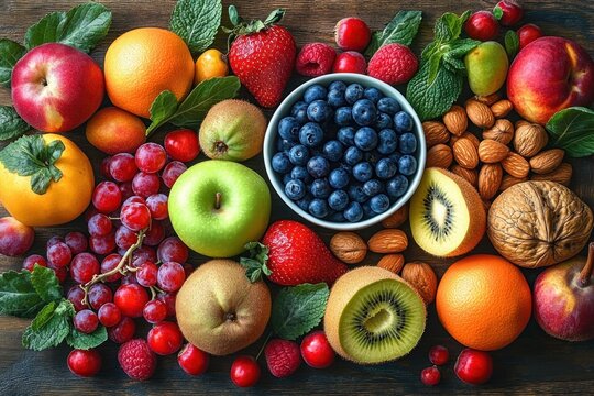 vibrant abundance of fresh fruit and nuts on a wooden table with a bowl of blueberries, strawberries, raspberries, red grapes, green apple, sliced kiwi, oranges, peaches, almonds and walnuts