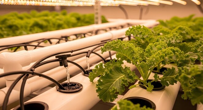 A close up view shows hydroponically grown kale plants in a modern indoor farm. - Powered by Adobe