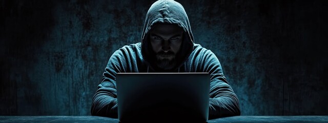 Hooded figure at a laptop in a dark room with dramatic low lighting conveying secrecy, tension, and isolation