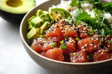 Fresh cubed salmon and avocado rice bowl with cilantro, sesame seeds and green onions, bright appetizing healthy meal