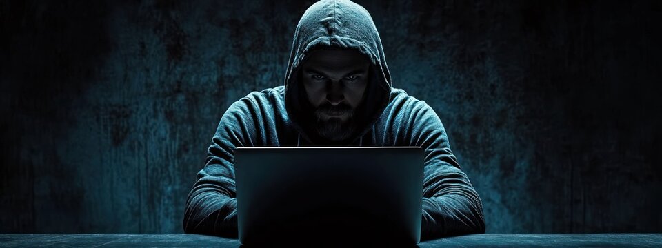 Hooded figure at a laptop in a dark room with dramatic low lighting conveying secrecy, tension, and isolation - Powered by Adobe