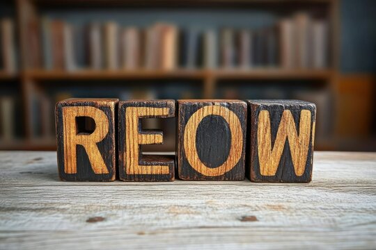 rustic wooden letter blocks spelling reow on a weathered tabletop with a blurred bookshelf in the background, warm cozy nostalgic atmosphere