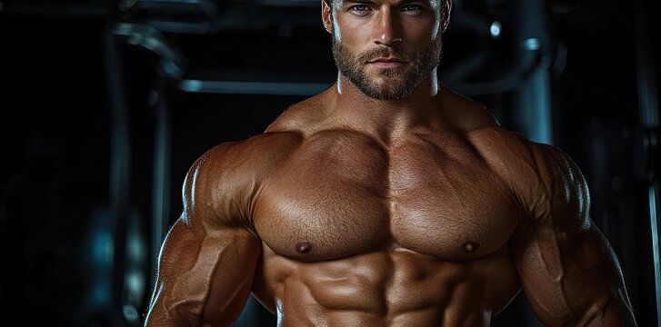 male bodybuilder torso with defined chest and six pack abs flexing under dramatic gym lighting conveying power and intensity