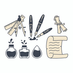 Illustration of writing tools and stationery for calligraphy and drafting.