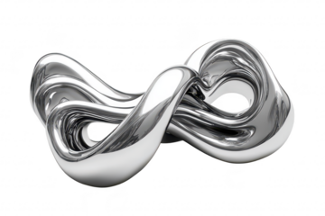 A sleek. modern metallic sculpture resembling an infinity symbol. showcased against a minimalist white background. emphasizing its smooth curves and reflective surface. ideal for contemporary art disp