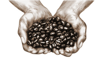 Coffee Bean Sketch in Human Hands. Illustrated hands holding a pile of coffee beans in a detailed sepia style, emphasizing texture, organic harvest, and artisanal coffee production