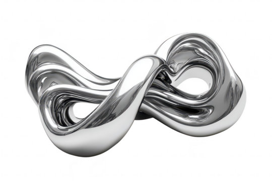 A sleek. modern metallic sculpture resembling an infinity symbol. showcased against a minimalist white background. emphasizing its smooth curves and reflective surface. ideal for contemporary art disp