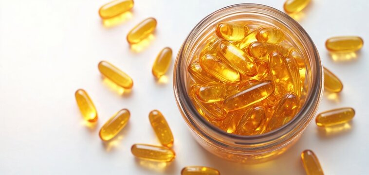 Open glass jar filled with golden translucent softgel capsules scattered on a white surface, warm glossy light conveying a bright healthy and inviting wellness mood