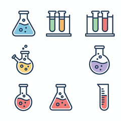 Laboratory glassware collection featuring beakers test tubes and flasks filled with colorful liquids.