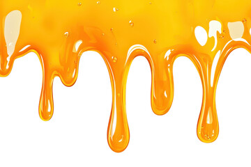 Vivid orange honey dripping smoothly against a clean white background. its natural texture and shine. ideal for culinary and food-related uses