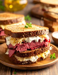 A tall Reuban sandwich sits on a wooden plate, layers of meat, kraut, and sauce between dark, textured bread slices