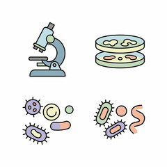 Microbiology Icons Microscope Petri Dishes and Diverse Microorganisms.