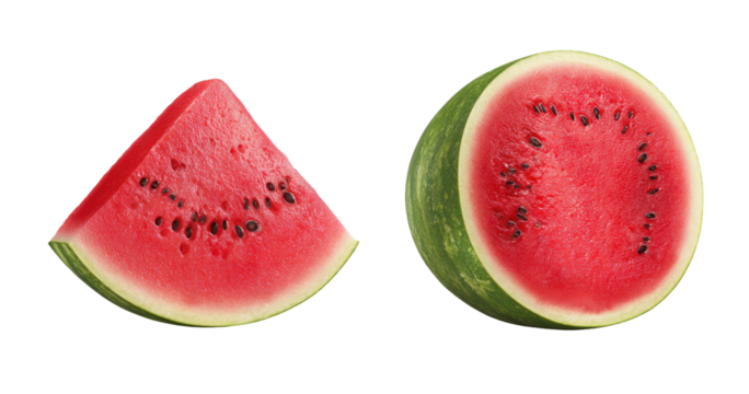 Two pieces of refreshing watermelon, one sliced wedge and half