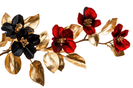 A stunning arrangement of black and red flowers with golden leaves. elegantly displayed against a white background. perfect for decorative purposes or artistic inspiration - Powered by Adobe