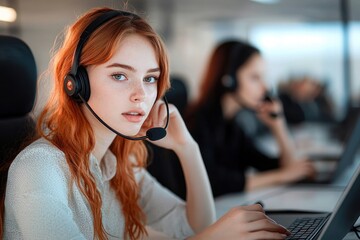 Red-haired customer service agent wearing a headset working on a laptop in an open office with focused, attentive professional colleagues in the background