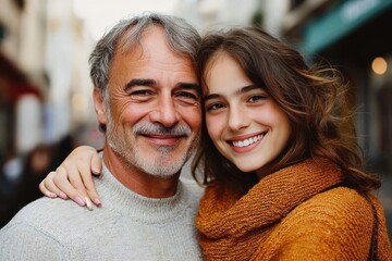 Affectionate middle aged couple embracing on a city street in cozy autumn knitwear, warm intimate moment of togetherness