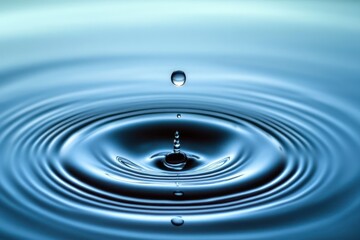 solitary water droplet falling toward a calm blue pool, a central splash column and smaller droplets forming concentric ripples in a serene tranquil moment