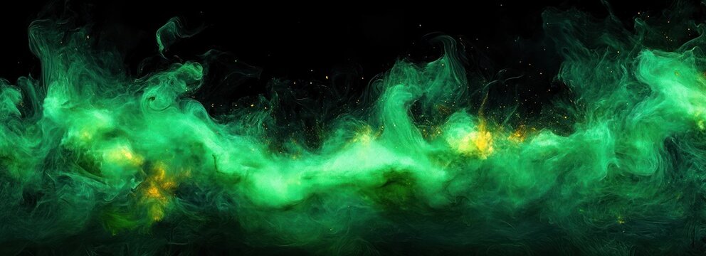 swirling emerald green gas clouds and golden sparks drifting across a deep black background, ethereal glowing nebula with mysterious flowing energy