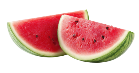 Two refreshing watermelon wedges with seeds and green rind