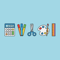 School Supplies Calculator Markers Scissors Palette Brush and Ruler.