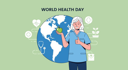 Celebrating World Health Day with a happy nurse promoting wellness and healthy eating