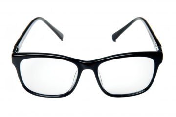A close-up view of a pair of stylish black eyeglasses. their sleek design and transparent lenses. set against a clean white background. ideal for eyewear advertising or product displays