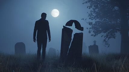 Man silhouette in eerie graveyard under full moon at night fog