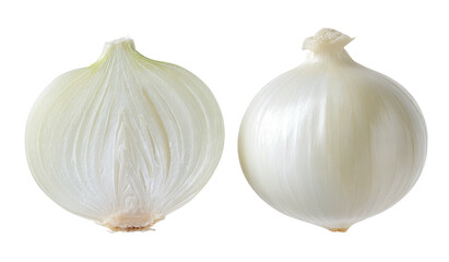 Obraz premium Whole and halved white onion against a stark black background