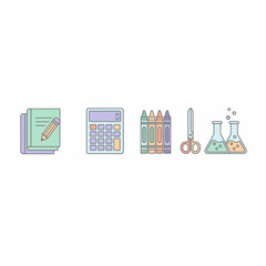 School Supplies Notebook Calculator Crayons Scissors and Beakers.