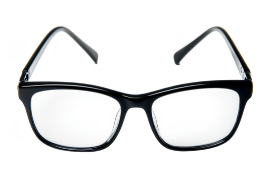 A close-up view of a pair of stylish black eyeglasses. their sleek design and transparent lenses. set against a clean white background. ideal for eyewear advertising or product displays