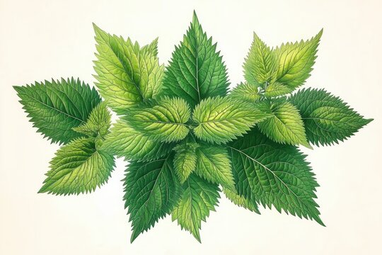 cluster of vibrant green serrated leaves on pale background, detailed botanical illustration evoking freshness and calm