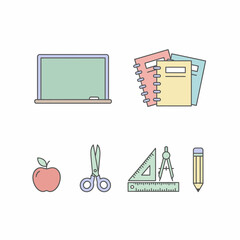 School Supplies Vector Illustration Blackboard Notebooks Apple Scissors Ruler Pencil.
