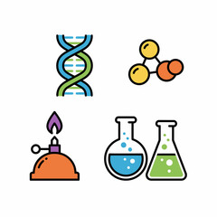 Science and Chemistry Icons DNA Molecule Bunsen Burner and Flasks.