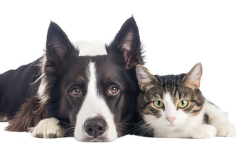 A playful border collie and a curious tabby cat lying together on a clean. white background. their friendship and calm demeanor. ideal for pet care and companionship themes