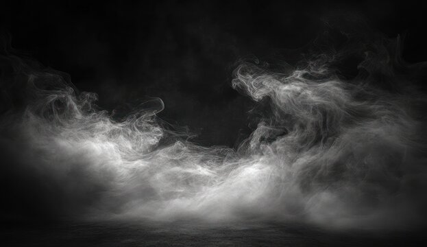 swirling white smoke and low-lying fog over a dark floor creating an eerie, mysterious atmosphere