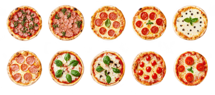 A assortment of ten delicious pizzas a variety of toppings including pepperoni. salami. olives. and fresh basil. arranged neatly on a white background for culinary presentation