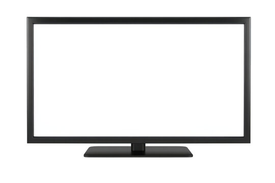 A sleek. modern television set with a minimalist design. positioned centrally on a clean white surface. its empty screen. ideal for advertising home entertainment solutions