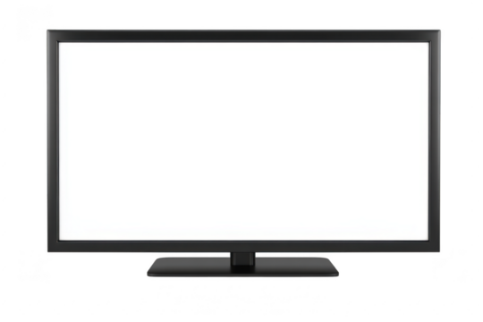 A sleek. modern television set with a minimalist design. positioned centrally on a clean white surface. its empty screen. ideal for advertising home entertainment solutions