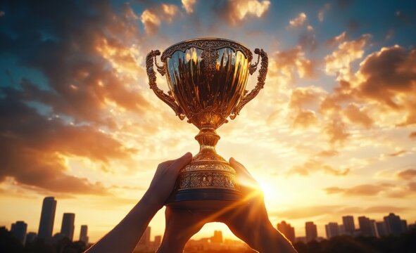 Two hands lifting an ornate golden trophy aloft against a glowing sunset and dramatic clouds over a city skyline, evoking triumph, pride, and celebration