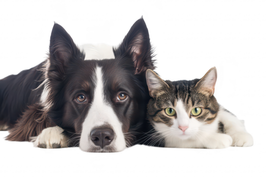 A playful border collie and a curious tabby cat lying together on a clean. white background. their friendship and calm demeanor. ideal for pet care and companionship themes - Powered by Adobe