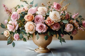 Obraz premium ornate golden vase overflowing with pink, peach and cream roses, green leaves and delicate filler blooms on a draped tablecloth, evoking a romantic serene mood
