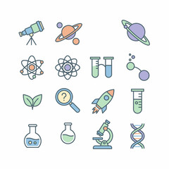 Science and Research Icons Telescope Planets Atoms and Lab Equipment.