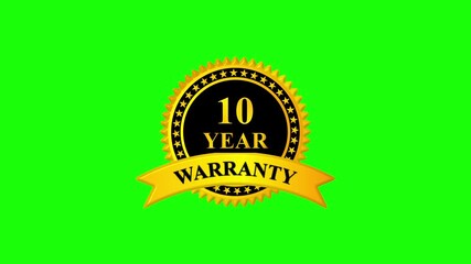 Golden 10 year warranty badge with ribbon on green screen background, premium quality guarantee label, certification seal, quality assurance, product guarantee seal, metallic gold warranty