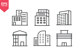 Obraz premium Set of line icons related to building, commercial building, bank, corporate tower, modern skyscraper. Editable stroke. Vector illustration