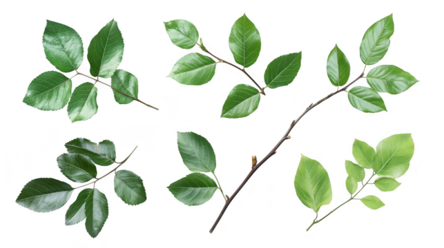A collection of various green leaves different shapes and sizes. arranged artistically on a white background. ideal for nature-themed designs and educational purposes