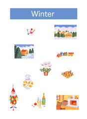 Obraz premium 冬をイメージしたイラスト盛り合わせ ステンシル 雪だるま シクラメン 暖炉