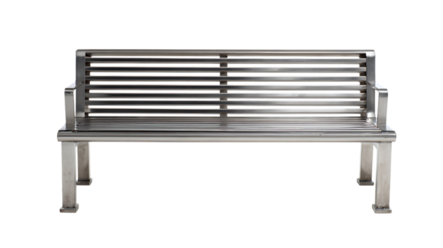 Metal park bench with horizontal slats isolated on transparent background