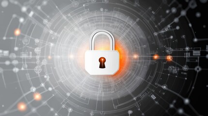 white padlock with keyhole centered on a glowing orange digital circuit and radial schematic network on a dark background, conveying security and protection