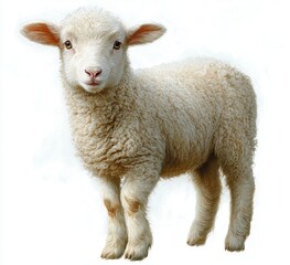 Fototapeta premium fluffy young lamb standing on white background with curly wool, soft ears and a gentle curious posture