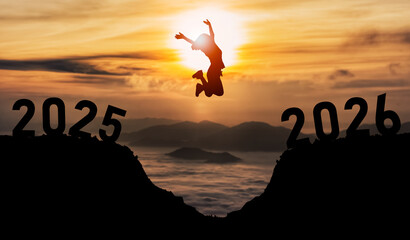 Person leaps joyfully between two years, representing transition and new beginnings, with a...